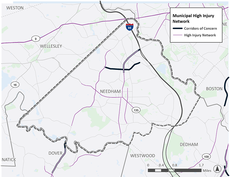 Figure 1.7: A A map of Needham, MA, a suburban area of the region. Route 135 and roads that intersect with Route 135 are shown as high-injury network locations. Highland Avenue and West Street are highlighted as corridors of concern.